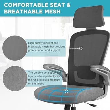 Mimoglad Office Chair, Comfy Desk Chair - High Back Ergonomic Computer Chair with Adjustable Lumbar Support & Headrest, Flip-up Armrests for Guitar Playing, Swivel Task Chair for Home Office - Image 6