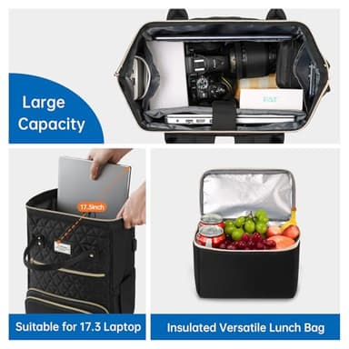 ETRONIK Lunch Backpack for Women, 17.3 Inch Laptop Backpack with USB Port, Stylish Nurse Backpack Teacher Work Bag with Insulated Cooler Lunch Box for Women Men/Travel, Black - Image 7