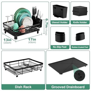 MOUKABAL Dish Drying Rack, Dish Rack, Stainless Steel Dish Racks for Kitchen Counter, Dish Drainer with Removable Utensil Holder, Drainboard (Black) - Image 2