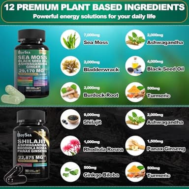 Boysea.Shilajit and Sea Moss Bundle- 90 Count - Sea Moss 7000mg, Black Seed Oil 4000mg, Ashwagandha 2000mg, Ginger & Shilajit 9000mg, Rhodiola Rosea 1000mg, All in 1 Supplements (1 Pc) - Image 4