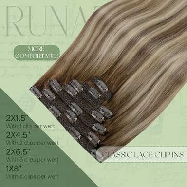 RUNATURE Balayage Clip in Hair Extensions, Real Human Hair Clip in Extensions for Women, Long Hair Extensions Add Length Easy to Apply, 24 Inch 135g #3/8/22 Walnut Brown to Light Brown with Blonde - Image 4