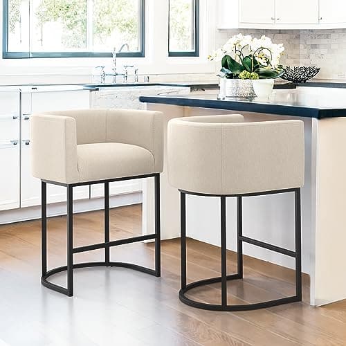LUE BONA 27" H Counter Height Bar Stools Set of 2, Modern Barrel Counter Stools with Backrest and Arms, Black Metal Frames, Linen Fabric Upholstered Accent Barstools for Kitchen Island, Linen Color - Image 1