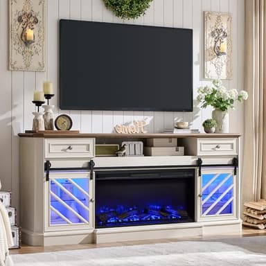 OKD 75” Fireplace TV Stand for 85 Inch TV, Farmhouse Highboy Entertainment Center with 36” Electric Fireplace, Modern Media Console Table with Drawers Storage&Cabinets for Living Room, Antique White - Image 5