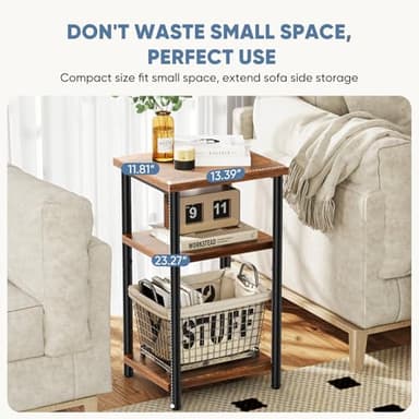 DUMOS End Table, 3 Tier Side Sofa Tables for Small Space, Storage Shelf, Nightstand with Adjustable Feet for Living Room, Bedroom, Office, Set of 1, Rustic Brown - Image 4