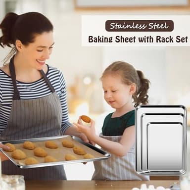 Baking Sheet with Racks Set [2 Sheets + 2 Racks], Stainless Steel Baking Sheets with Cooling Racks, Nonstick Pan, Warp Proof & Rust Proof & Easy to Clean, Size 9.3 X 7 X 1 Inch - Image 3