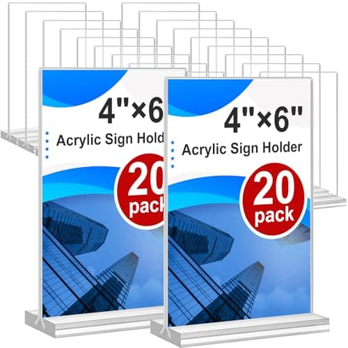 Acrylic Sign Holder 4x6, 20 Pack Clear Table Vertical Double Sided Table Menu Display, Plastic Desktop Picture Frames Stand Acrylic Paper Holder Tabletop Sign Holder for Wedding Office Show Fair - Image 1