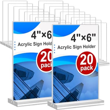 Acrylic Sign Holder 4x6, 20 Pack Clear Table Vertical Double Sided Table Menu Display, Plastic Desktop Picture Frames Stand Acrylic Paper Holder Tabletop Sign Holder for Wedding Office Show Fair - Image 1