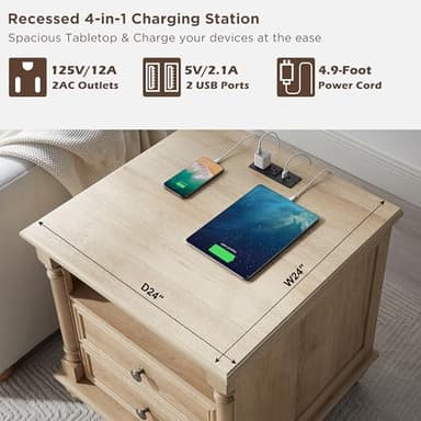T4TREAM 24'' Farmhouse End Table w/4 Solid Wood Feet, Large 2 Drawers Wide Sofa Side Table with Charging Station, Tall Modern Wood Square Nightstand for Living Room, Bedroom, Office, Natural Oak - Image 3