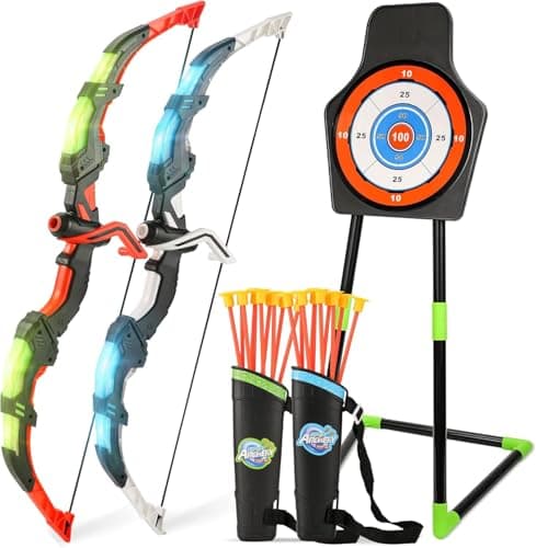 Bow and Arrow Set for Kids, 2-Pack LED Light Up Archery Set with 20 Suction Cup Arrows, Indoor and Outdoor Toy for Boys Girls Age 4-8 8-12 with Standing Target&2 Quivers, Birthday Gift 3-12 Years Old - Image 1