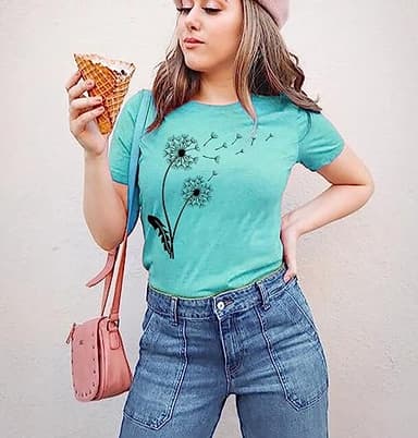 Dandelion T Shirts for Women Flower Graphic Tees O Neck Short Sleeve Cute Summer Blouse Causal T Shirts (Mint Green, S) - Image 3