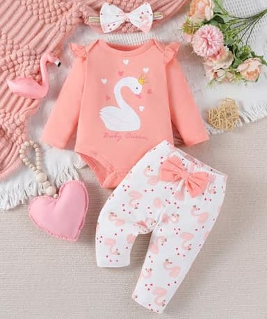 Fullfamous Baby Girl Clothes Gifts Outfits,Fall Winter Long Sleeve Romper and Pant Set Little Swan 12-18 months - Image 2