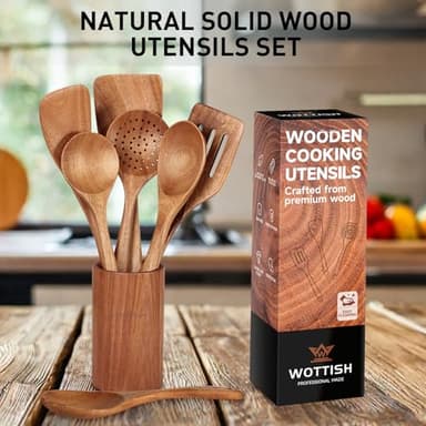 Wooden Spoons for Cooking - 8-Piece Wooden Kitchen Utensil Set made of Natural Solid Wood Material - Includes Spoons, Spatulas, Ladles, Strainer Spoon, Salad Fork, Mixing Spoon and Utensil Holder - Image 3