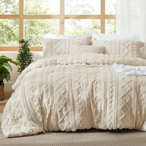 Bedsure Tufted Boho Comforter Set Queen Size - Beige Boho Bed Set, GentleSoft™ 3 Pieces Farmhouse Shabby Chic Embroidery Bedding, Gifts for Woman, Soft Jacquard Queen Comforter for All Seasons - Image 1