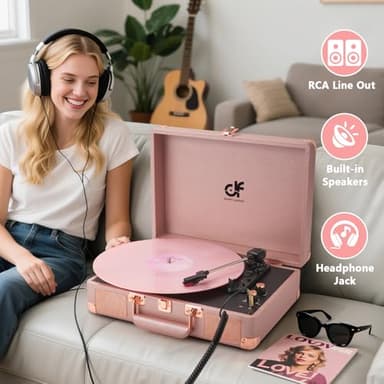 Vinyl Record Player 3-Speed Portable Suitcase Record Player with Built-in Speakers, Headphone Jack, RCA-Out/AUX-in, Vintage Belt-Driven Turntable, Pink & Rose Gold - Image 2
