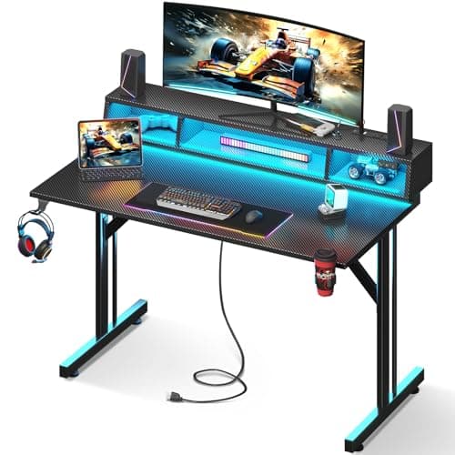 MOTPK 40 inch Gaming Desk with LED Lights & Power Outlets, Small Computer Gaming Table with Float Monitor Stand, Kids Boys Desk with Carbon Fiber Texture - Image 1
