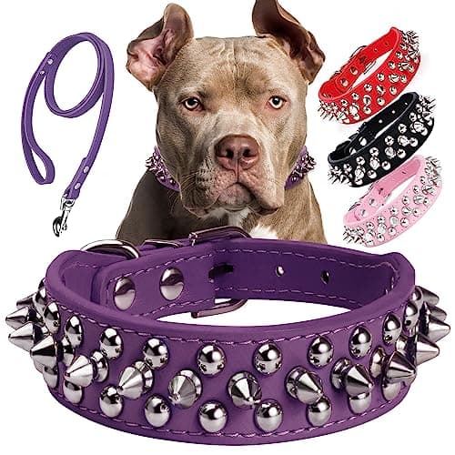 Epesiri Spiked Studded Dog Collar with A Leash, Rivet Artificial Leather Dog Collars, Adjustable Durable Leather Cat Collar for Small Medium Large Pet, Like Pit Bull Bulldog Pugs Husky, Purple S - Image 1