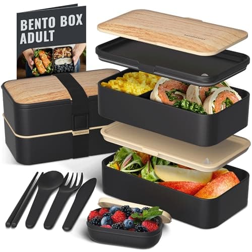 Bentoheaven Premium Bento Box Adult Lunch Box with Compartments for Women & Men, Set of Utensil & Chopsticks & Dip Container, Cute Japanese Kids Bento Lunch Box, Microwavable (Symph Onyx) - Image 1