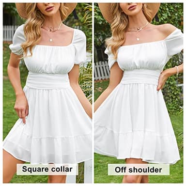 EXLURA Women's 2024 Summer Short Puff Sleeve Casual Short Mini Dresses Tie Back Square Neck A-Line Sundress White - Image 5