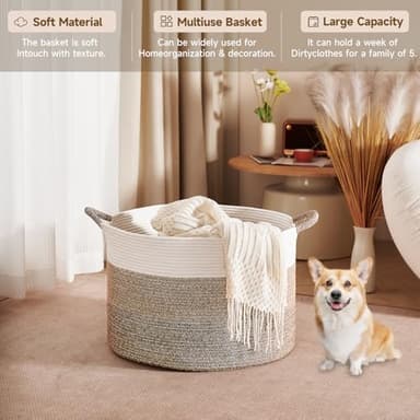 CLHMILY&Z Round Cotton Rope Storage Basket - 22x14.2 Inches - Stylish Nursery Storage Bin, Baby Toy Organizer, Soft Cotton Basket for Home Decor, Multi-Purpose Storage Solution - Image 4