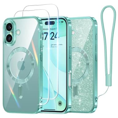 Meifigno Candy Series Case for iPhone 16 Plus 6.7’’, [2X Screen Protectors] [Glitter Card & Wrist Strap] [MagSafe Compatible] Full Camera Protection for iPhone 16 Plus Case, Teal - Image 1
