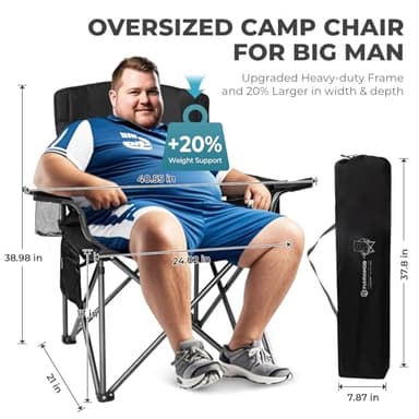 FUNDANGO Oversized Camping Chair for Adults, Heavy Duty Portable Foldable Lawn Chair with Padded Seat & Back, Lumbar Support, 4-can Cooler & Cup Holder, Carry Bag Included for Outdoor (Black) - Image 2