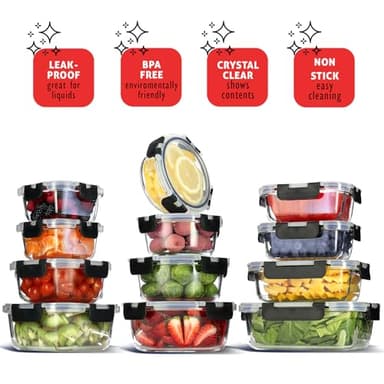 Nestl 24pc (12 Airtight, Freezer Safe Food Storage Containers and 12 Lids), Pantry Kitchen Storage Containers, Glass Meal Prep Container for Lunch, Glass Storage Containers with Lids Black - Image 7