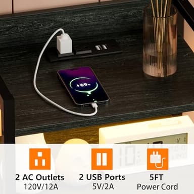 Furnulem Night Stand with Charging Station, Tall Black Dresser for Bedroom, Nightstand with Led Light, Bed Side Table for Living Room, Fabric Storage Drawer, Metal Frame, Wood Furniture - Image 5