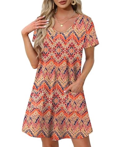 OFEEFAN Sundresses for Women 2025 Beach Vacation Clothes Fashion Short Sleeve Dresses Swimsuit Coverup Loose V Neck Swing T Shirt Dress with Pockets Floral 02 L - Image 2