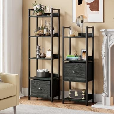 Furologee 5 Tier Bookshelf with Drawer, Kitchen Bakers Rack with Storage, Tall Narrow Bookcase, Industrial Free Standing Display Shelf, Wood and Metal Book Shelf for Bedroom, Living Room, Black - Image 2