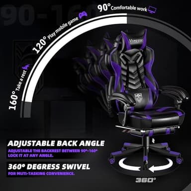 Vonesse Gaming Chair, Big and Tall Gaming Chair with Footrest and Massage, Gaming Chairs for Adults with Lumbar Support, Ergonomic High Back Computer Chair with Pocket Spring Cushion (Purple/Black) - Image 6