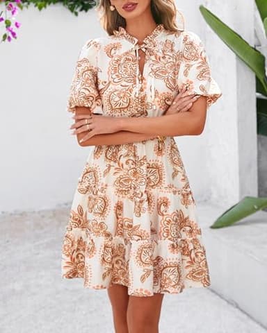 BTFBM Women Summer Floral Short Dresses V Neck Short Sleeve Tiered Ruffle Boho Swing Dress A-Line Mini Dresses(White Apricot Floral,Large) - Image 3