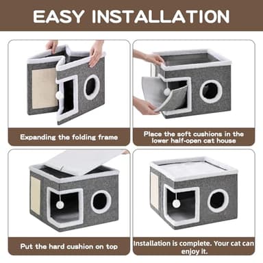 Crispedia Cat Beds for Indoor Cats, Large Cat Cave with Fluffy Ball and Scratch Pad, Foldable Cat Scratch House with Hideaway Condo for Kitten,16x16x13inch,Grey - Image 6