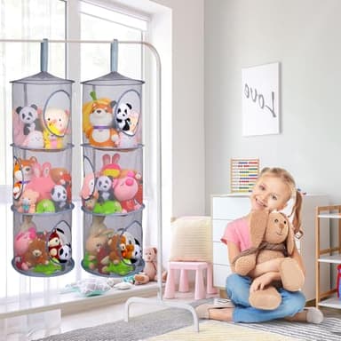 Basumee Stuffed Animals Net or Hammock 2 Pcs Stuffed Animals Storage Toy Net Hammock for Plushies Storage Organizer Mesh Kids Girls Room Decor, Gray, 3 Tiers - Image 2