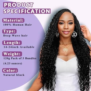Afihond Human Braiding Hair For Boho Braids 120g Deep Wave Bulk Human Hair for Braiding Knotless 12A 100% Unprocessed Brazilian Virgin Hair Extensions Bulk Bohemian 3 Bundles Natural Color 18inch - Image 3