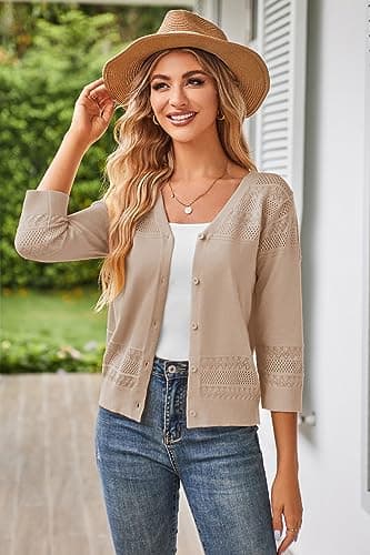 GRACE KARIN Womens Cropped Cardigan 3/4 Sleeve Sweaters Tops V-Neck Button Knitwear Crochet Cardigan Bolero Shrug Khaki L - Image 5