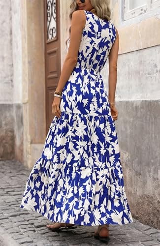 BTFBM Women Summer Dresses Casual Sleeveless Maxi Dresses Cute Floral Long Dress Wedding Guest Dress(Royal Blue Beige Flower,Medium) - Image 6