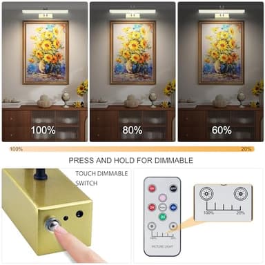 RAIFOOLLY Picture Light,16in Wireless Battery Wall Lighting,Remote Art Lights for Paintings with Timer and Dimmable for Display Photo,Frame,Portrait,Dartboard(GD+BK) - Image 3