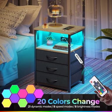 Seventable Nightstand with Charging Station and LED Light, Side Table with 3 Fabric Drawers, Bedside End Table with USB Ports and Outlets, Night Stand for Bedroom, Greige - Image 4