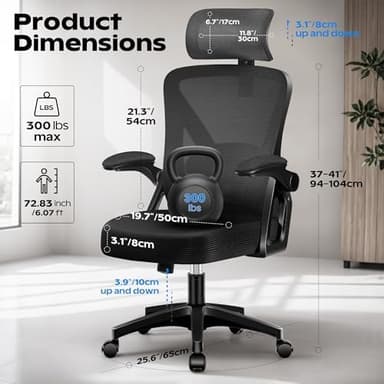 Ergonomic Office Chair, Home Office Desk Chair with Headrest, High Back Mesh Chair with Flip-up Armrests, Comfy Desk Chair with Lumbar Support, Rolling Swivel Task Computer Chair for Home Office - Image 3