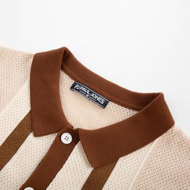 PJ PAUL JONES Mens Retro Polo Shirt Short Sleeve Button Up Knitted Italian Vintage 70s Shirts for Men Spring Summer Apricot M - Image 8