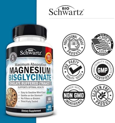 Magnesium Bisglycinate Chelated Supplement - High Absorption Magnesium Supplement for Muscle, Bone & Joint Support - Non-GMO, Non-Laxative, Fully Buffered for Maximum Bioavailability - 180 Capsules - Image 6