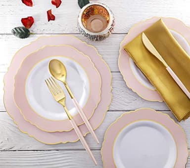 I00000 144Pcs Pink Plastic Silverware, Gold Disposable Flatware with Pink Handle, Gold Plastic Cutlery Set Includes: 48 Forks, 48 Knives and 48 Spoons Perfect for Party & Wedding - Image 3