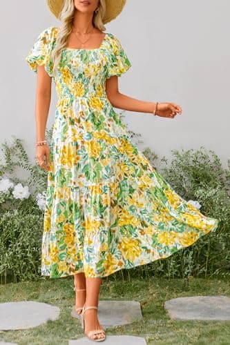 PRETTYGARDEN Women's Casual Summer Midi Dress Puffy Short Sleeve Square Neck Smocked Tiered Ruffle Dresses (Floral Yellow,Large) - Image 5