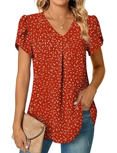 Anyally Women's Plus Size Summer Tunic Tops Dressy Casual Chiffon Blouses Short Sleeve T-Shirts for Leggings, XL Polka Dots Red - Image 1