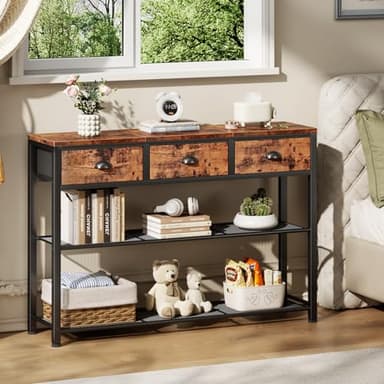 Furologee Entryway Table, 38'' Console Sofa Table with 3 Fabric Drawers, Industrial Entry Way Table with Storage Shelves, Display Shelf for Living Room, Hallway, Entrance, Foyer, Rustic Brown - Image 9