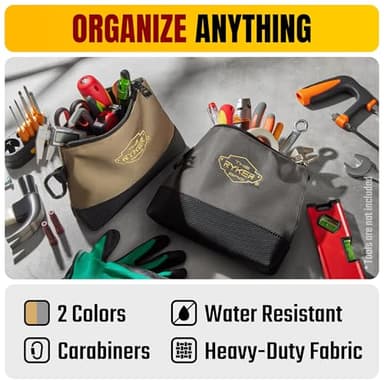 The Ryker Bag Canvas Zipper Tool Pouch (2-Set): Small Utility Tool Pouch Bag w/Hard Bottom. Small Waterproof Tool Bag Organizer w/carabiners, Khaki + Gray - Image 6