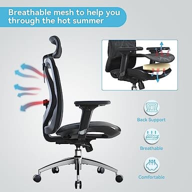 SIHOO M57 Ergonomic Office Chair with 3 Way Armrests Lumbar Support and Adjustable Headrest High Back with Tilt Function (Black) - Image 4