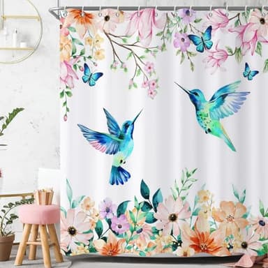 Caheansi Hummingbird Floral Shower Curtain, Spring Watercolor Flowers Blossom with Leaves Butterflies Plants Bathroom Curtain Waterproof Fabric Machine Washable with Hooks, 72" Wx72 L - Image 3