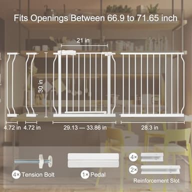 Extra Wide Baby Gate 66.9-71.65 Pressure Mounted,Child Dog Pet Safety Gates with Walk Through Door for Doorways Stairs No Drilling in Door,White - Image 2