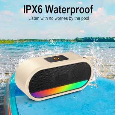 Dyurwa Portable Bluetooth Speaker with LED Lights Punchy Bass Wireless Speaker 10H Playtime Built-in Mic Bluetooth 5.3 IP6 Waterproof for Party/Outdoor White - Image 7